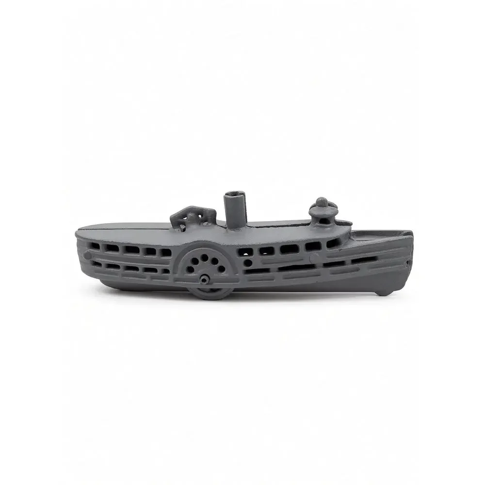 Vintage Cast Iron Riverboat Toy, Gray Steamboat, Paddle Wheel Pull Toy, 7.5 Inch